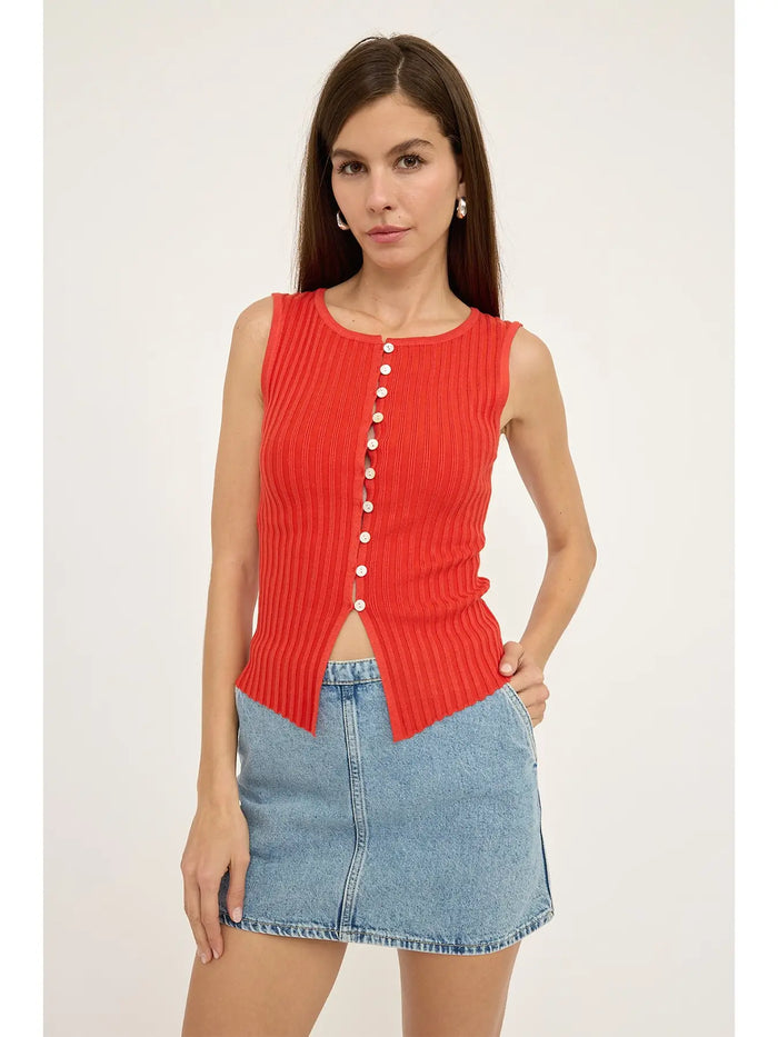Gia Knit Button Up Top- Red