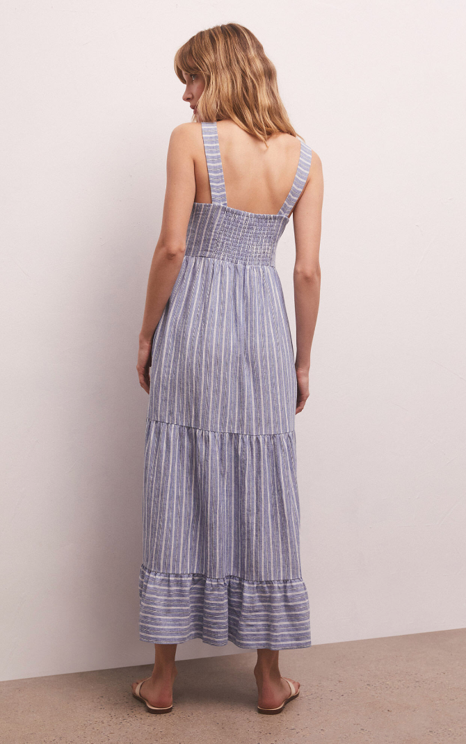 Ayla Blue and White Striped Linen Midi Dress