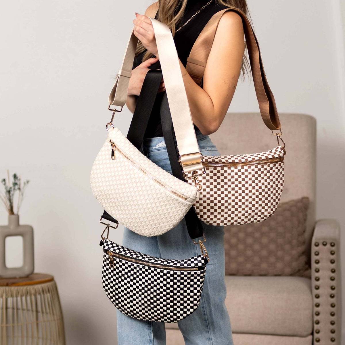Layla Woven Checkered Crossbody Sling Bag: Almond Check