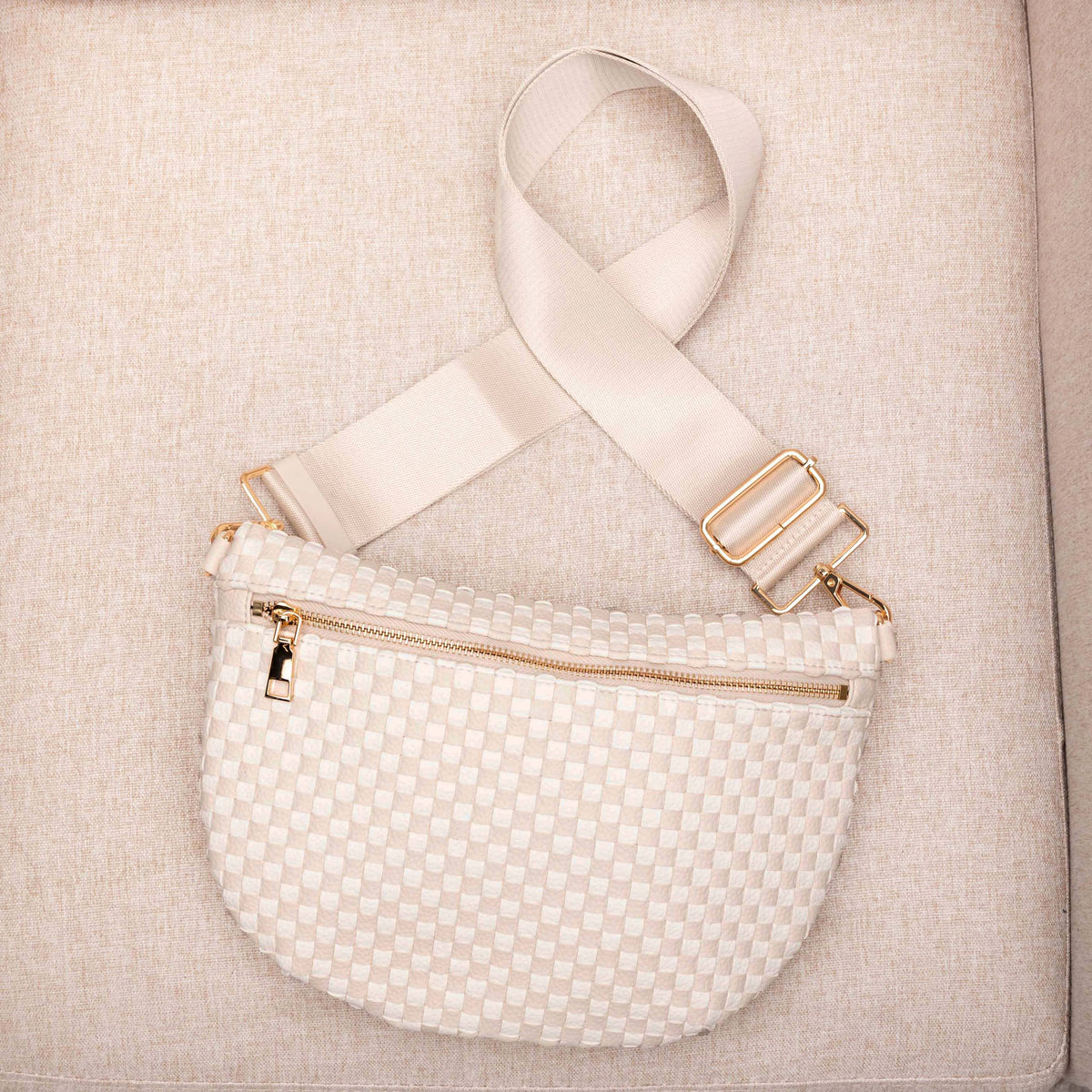 Layla Woven Checkered Crossbody Sling Bag: Almond Check