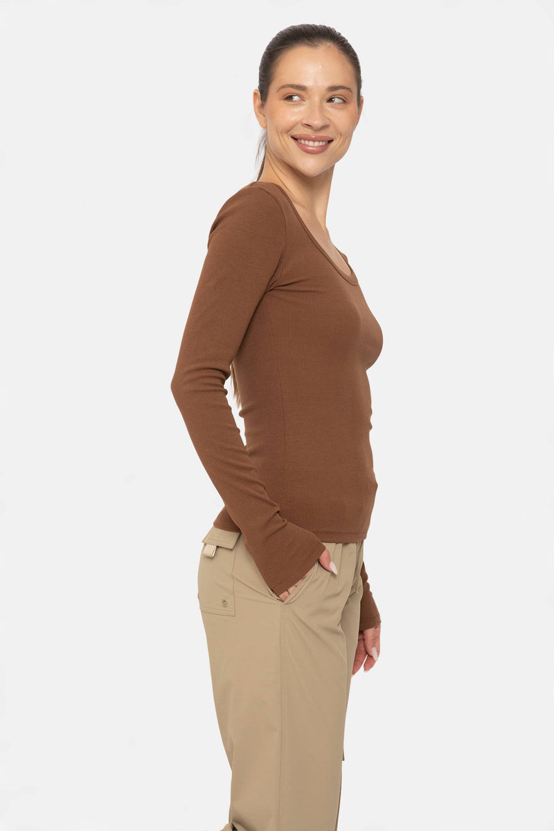 Sophie Scoop Neck Long Sleeve Top - Cocoa