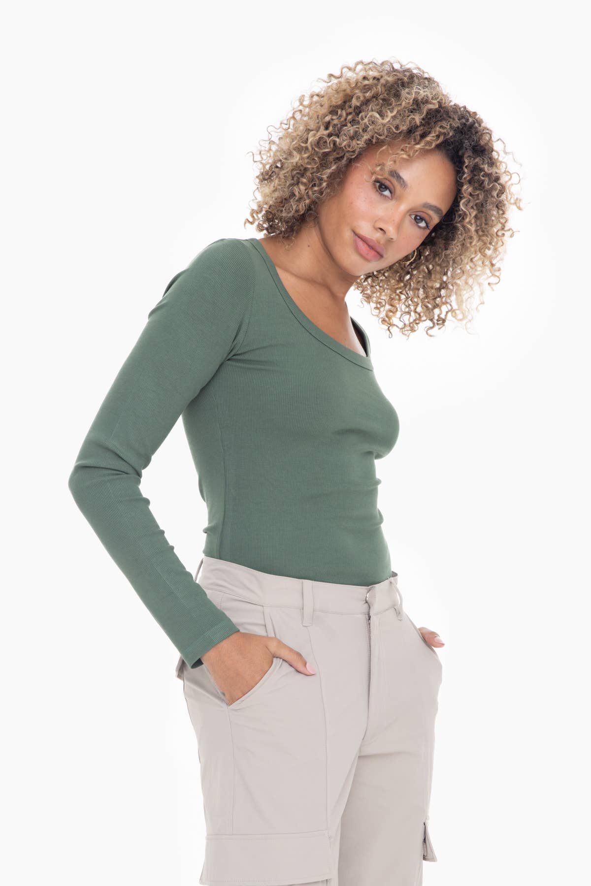 Sophia Scoop Neck Long Sleeve Top - Basil