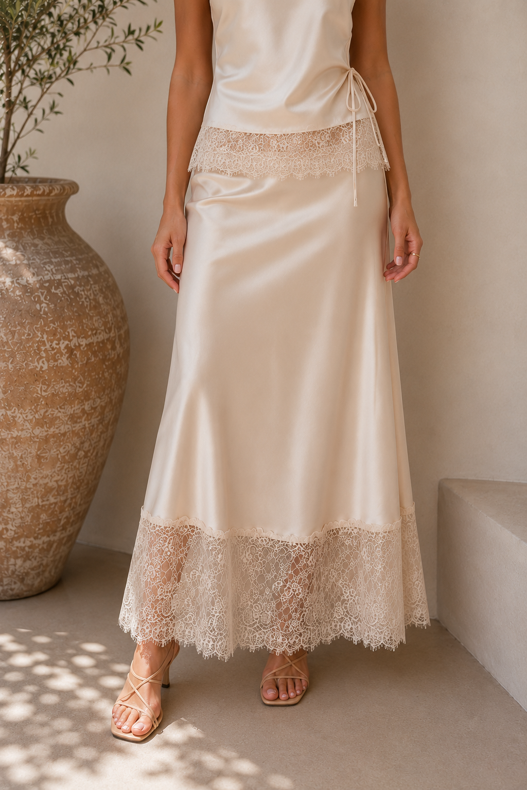 Camille Satin Midi Skirt - Champagne