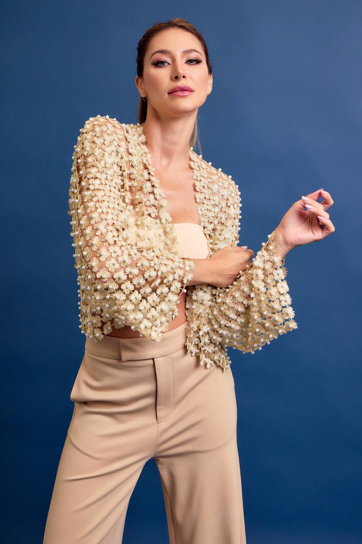 Set On You Pearl Crochet Flower Cardigan: Gold