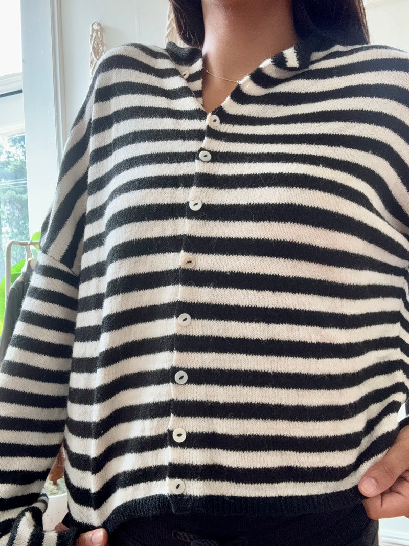 Illy Button Up Sweater Cardigan- Black & White Stripe