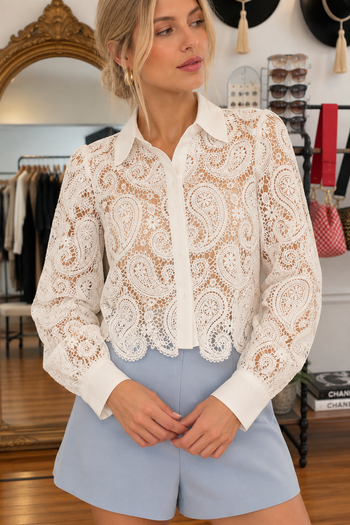 Della white paisley lace blouse with collared neckline, button front and scalloped hem