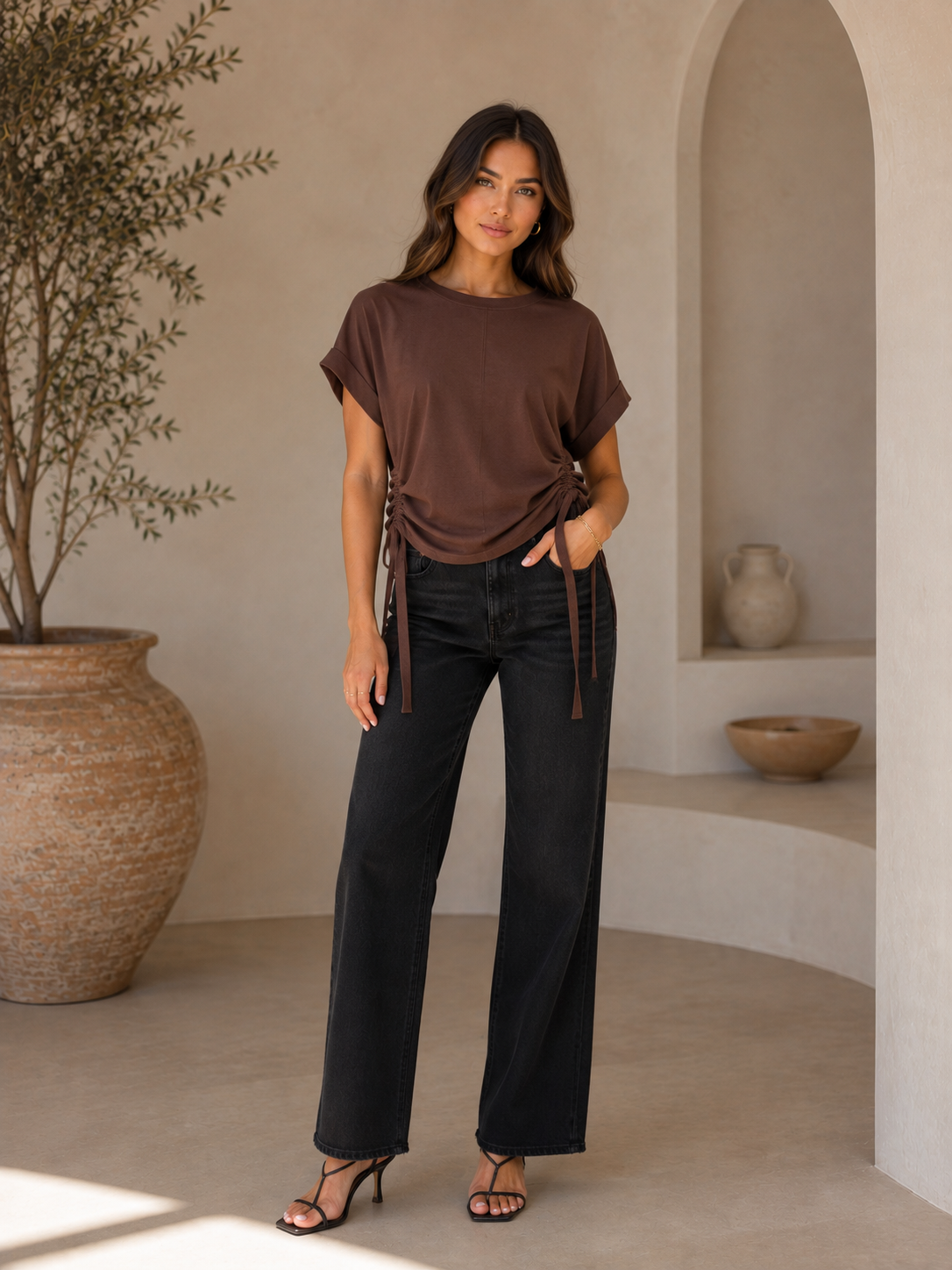 Kira Side Scrunch Tee - Brown