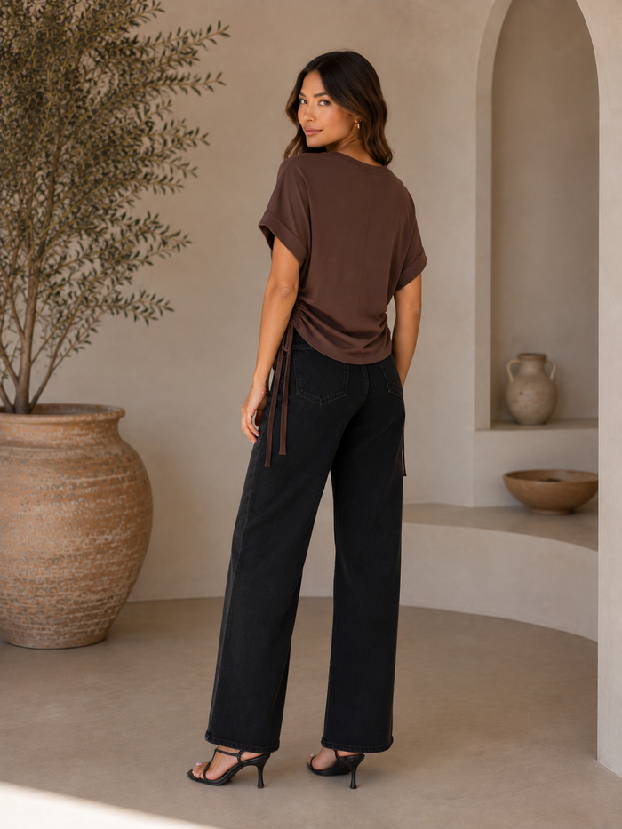Kira Side Scrunch Tee - Brown