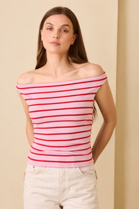 Angelica Ribbed Top - Pink + Red