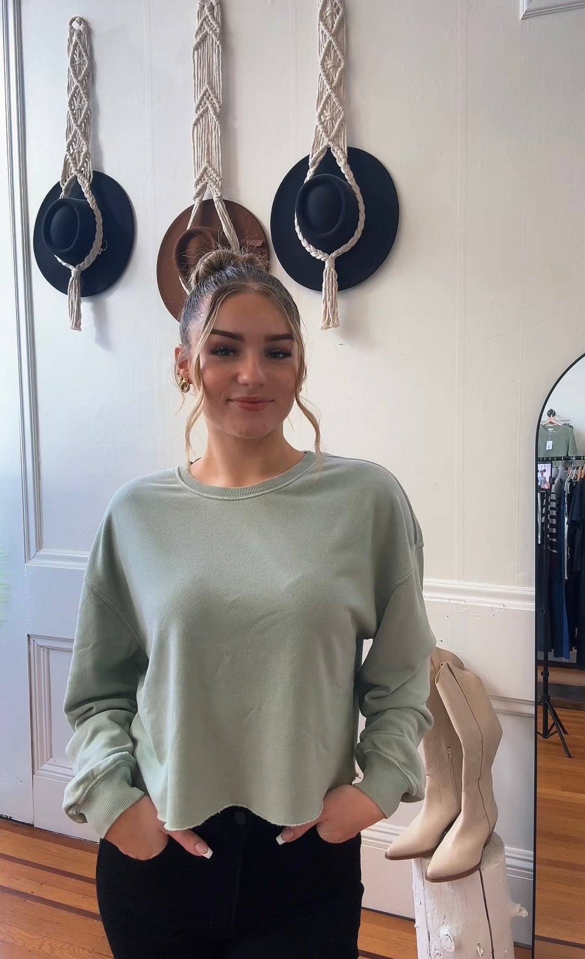 Cassie Cropped Crewneck - Sage Green