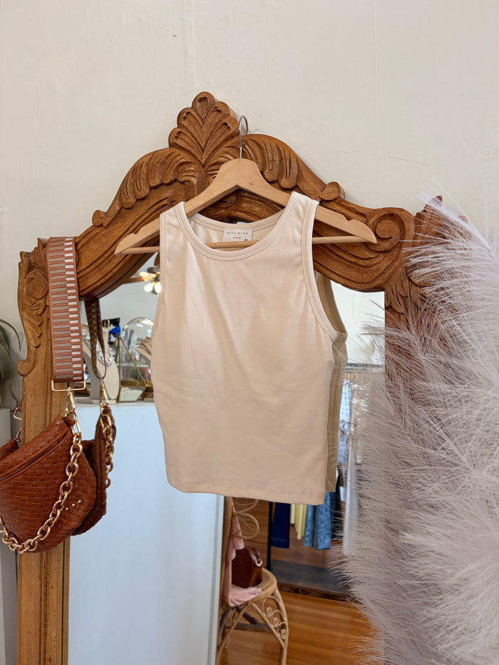 Nora Ribbed Tank With Bra - Cream