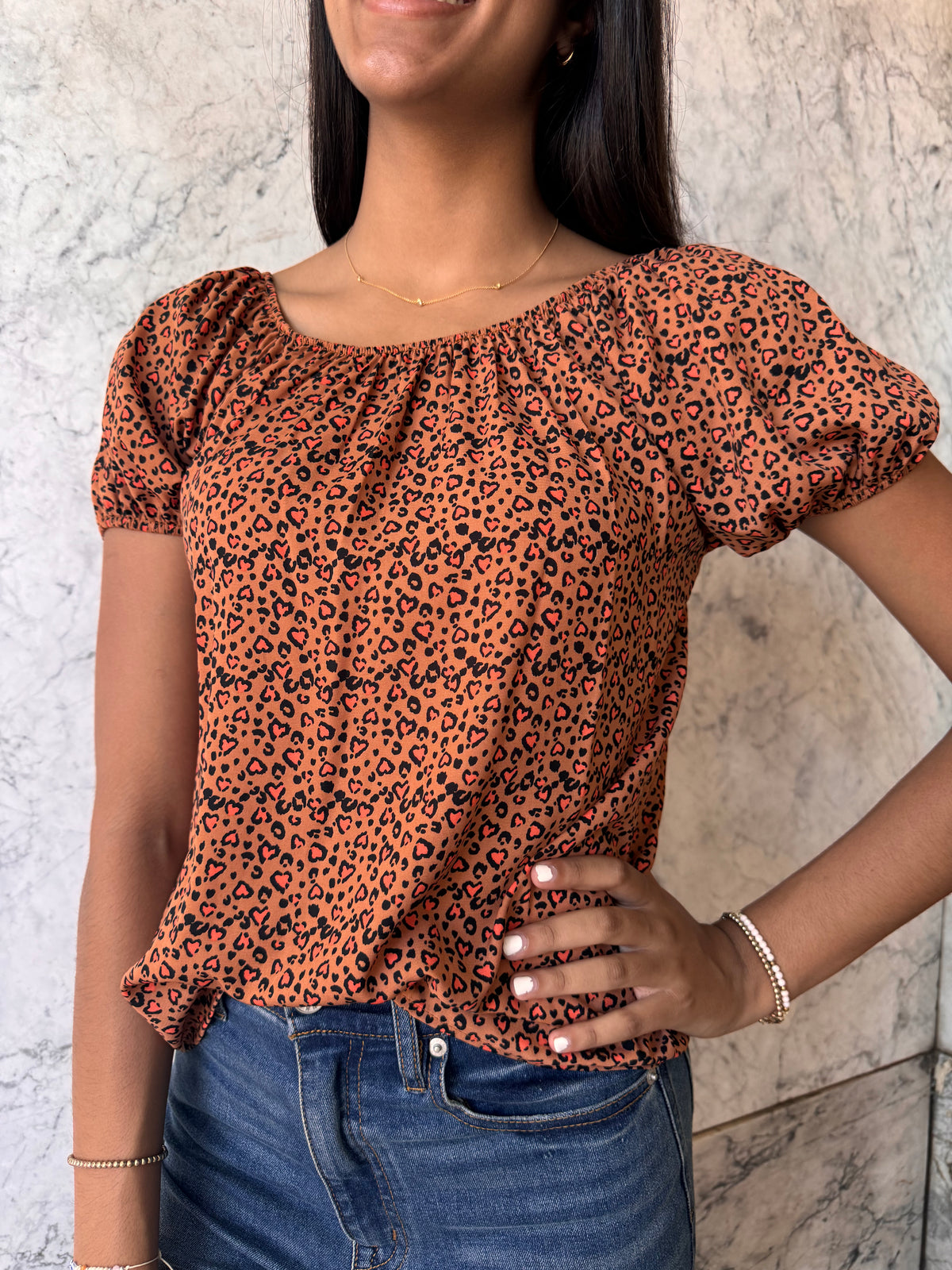 Stacy Heart Print Leopard Top