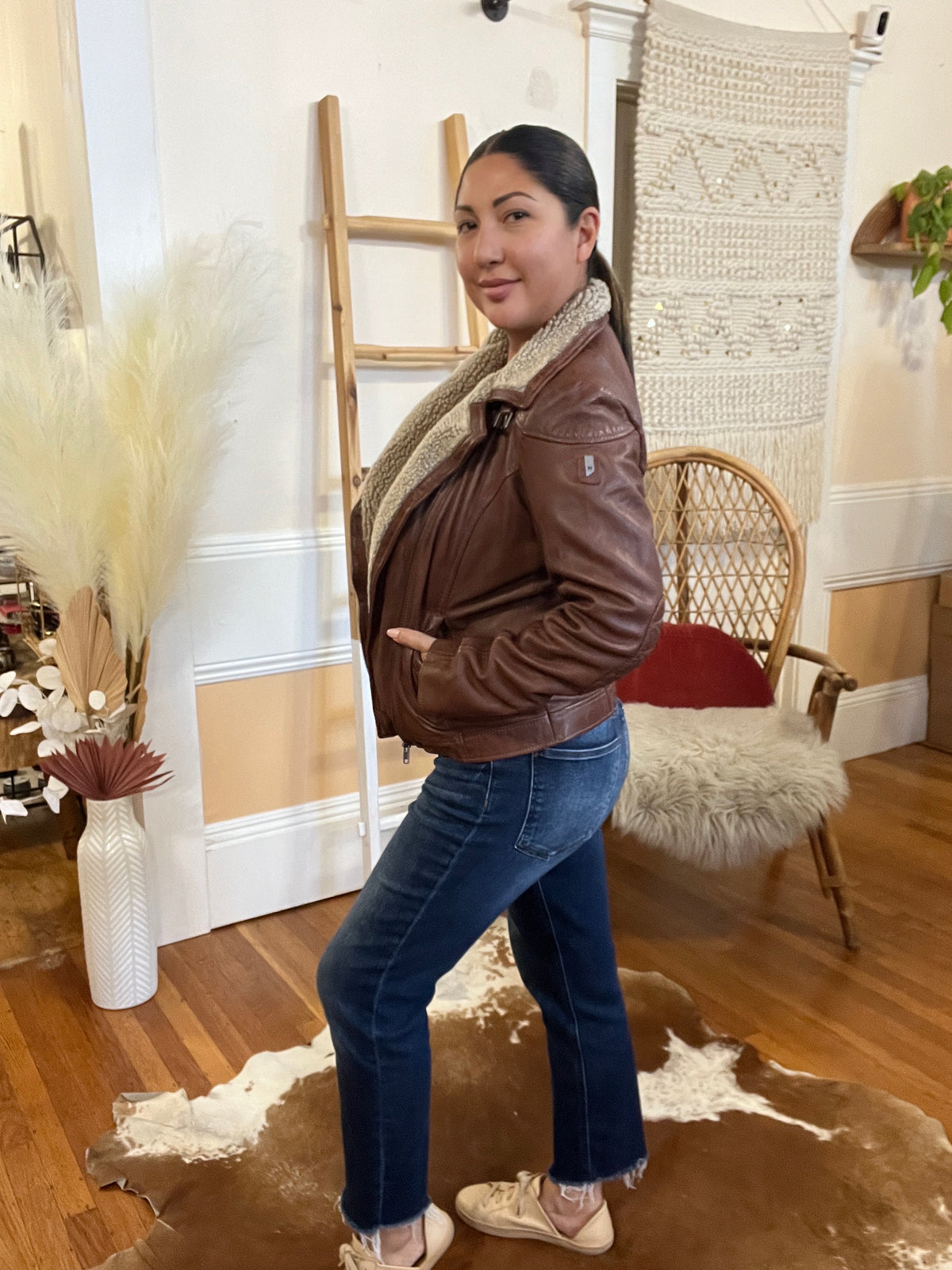 Jenja Cognac Leather Jacket with Shearling