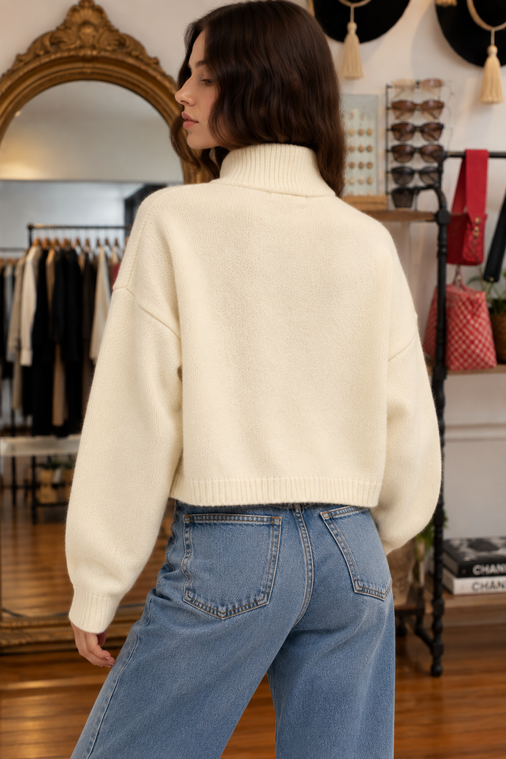 Back view of ivory high neck cardigan with relaxed oversized fit, long sleeves and ribbed hem