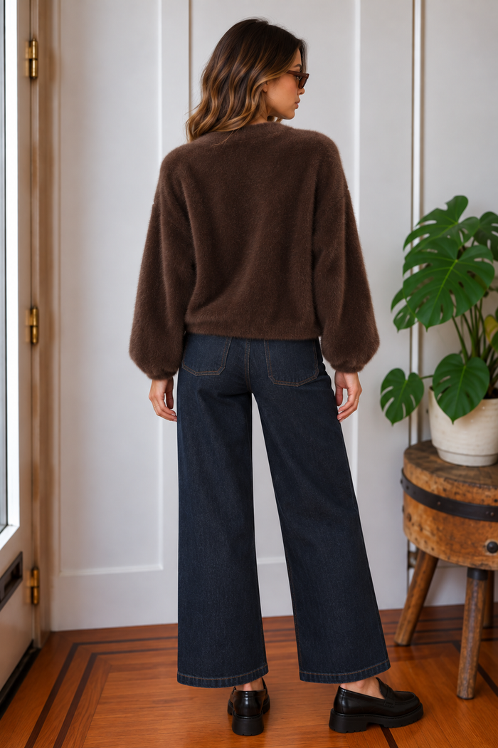 Back view of the Jana fuzzy cardigan in chocolate brown