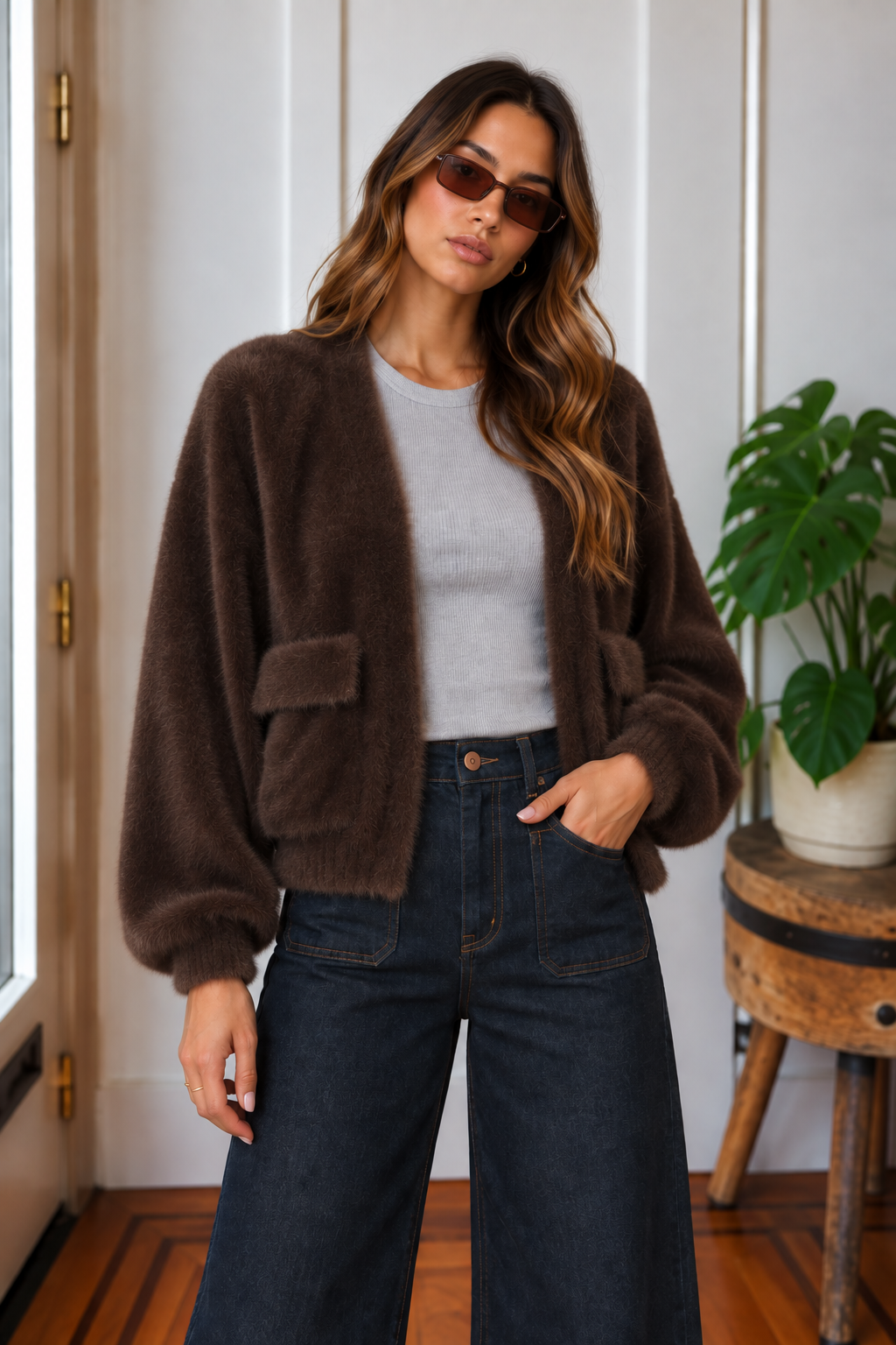 Jana fuzzy cardigan in chocolate brown styled with dark denim