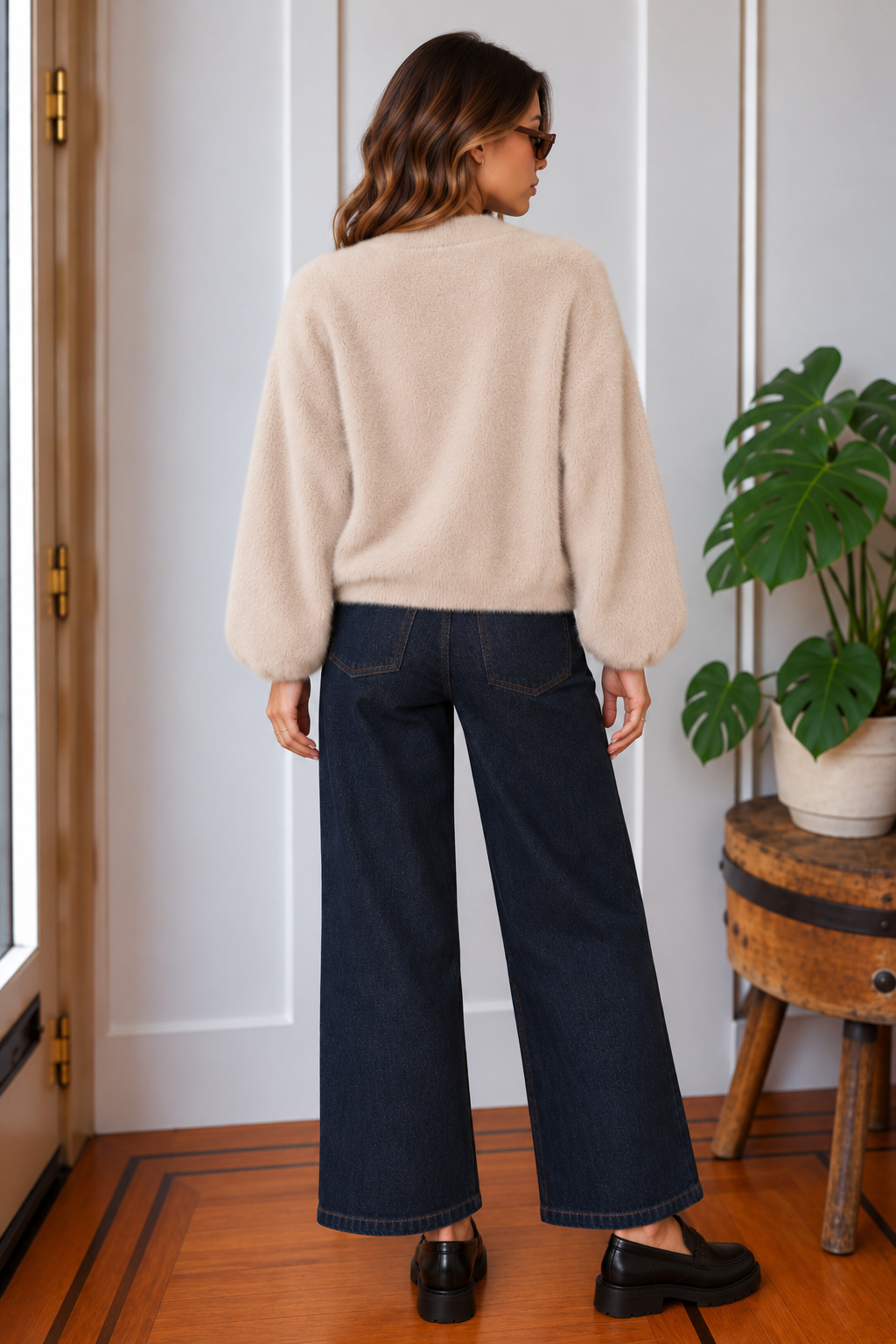 Back view of the Jana fuzzy cardigan in oatmeal