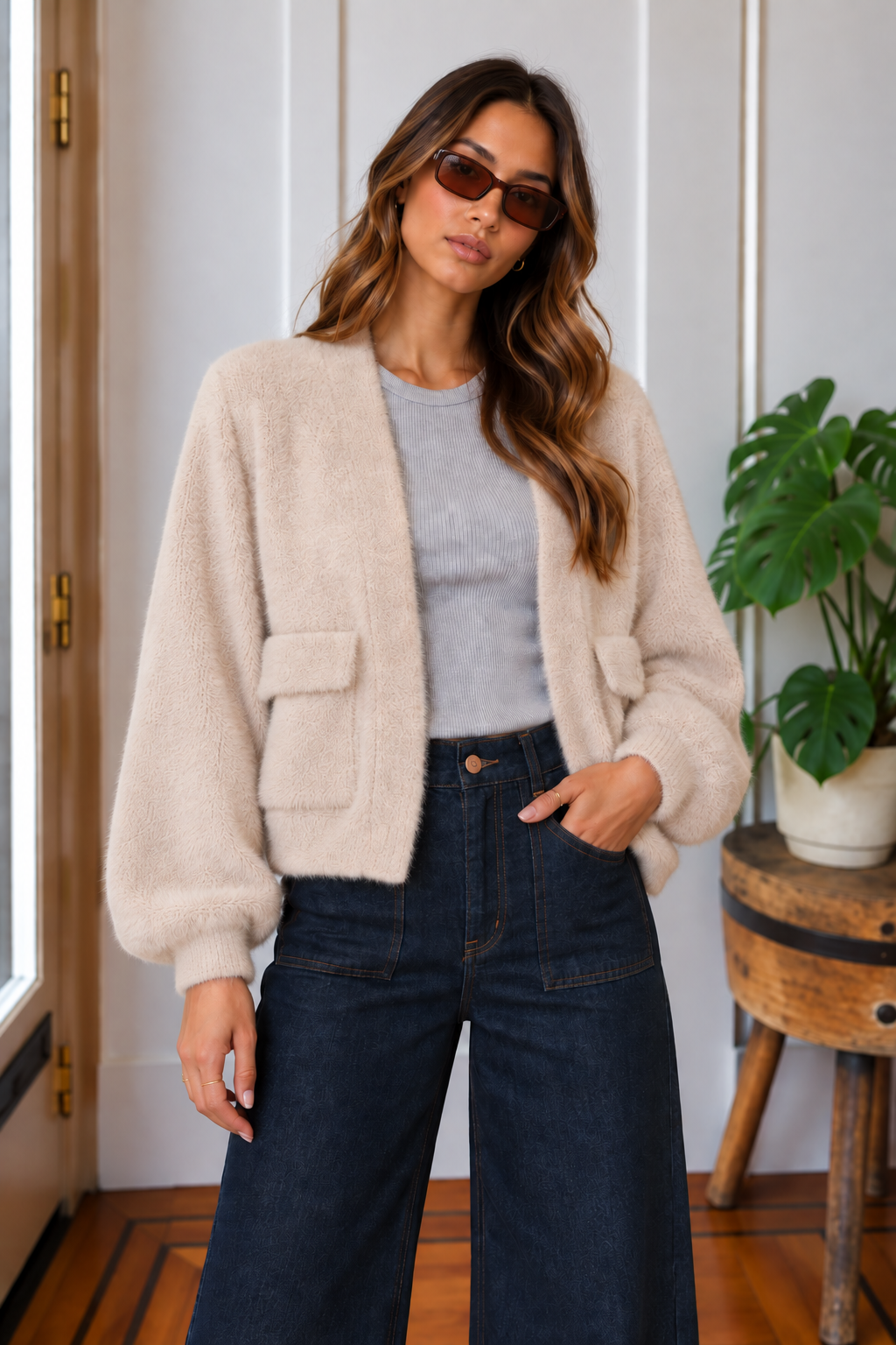 Jana fuzzy cardigan in oatmeal styled with dark denim