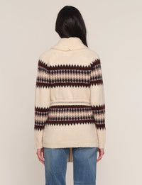 Back view of the Jessi ivory cardigan featuring brown, navy and blush Fair Isle detailing across the shoulders, sleeves and waist with a relaxed knit silhouette.