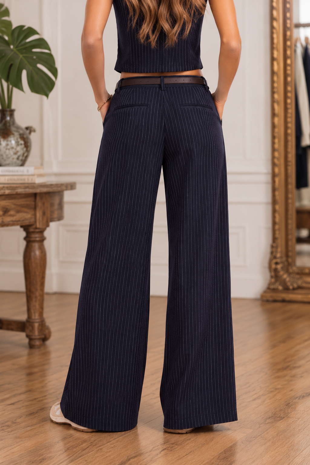 Back view of the Legacy navy pinstripe pants featuring fine ivory vertical stripes, a relaxed wide-leg silhouette, and full-length hems.