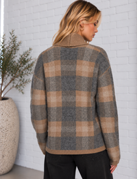 Back view of the Ludlow Cardigan featuring a gray and camel plaid pattern, relaxed silhouette, long sleeves, and ribbed hem.