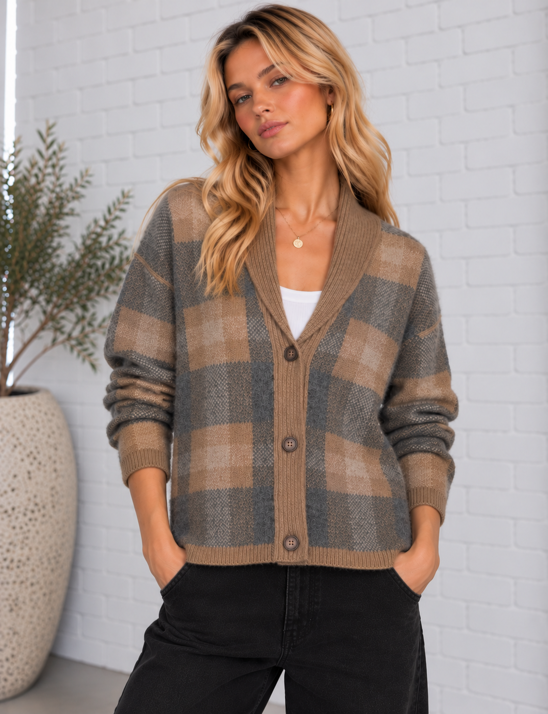 Blonde model wearing the Ludlow Cardigan featuring a gray and camel plaid knit, ribbed shawl collar, three-button front closure, and relaxed fit.