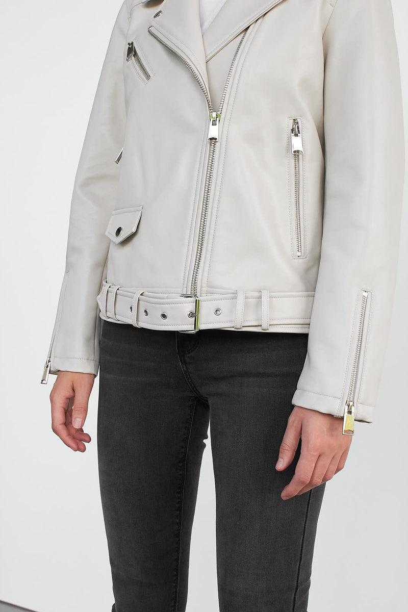 Melissa Faux Leather Biker Jacket- Stone