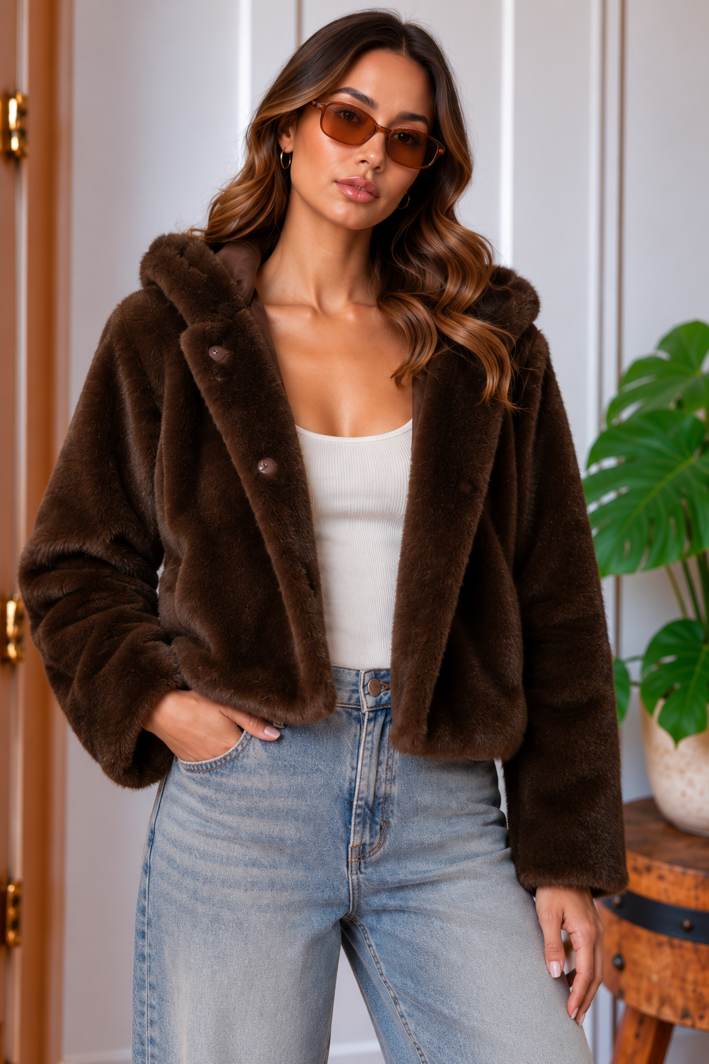Close-up of the Saskia chocolate brown faux fur hooded jacket showing the plush texture, hood and button front