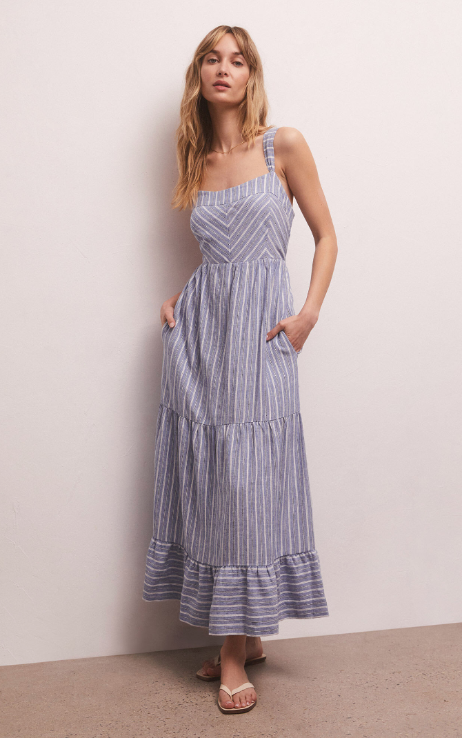 Ayla Blue and White Striped Linen Midi Dress