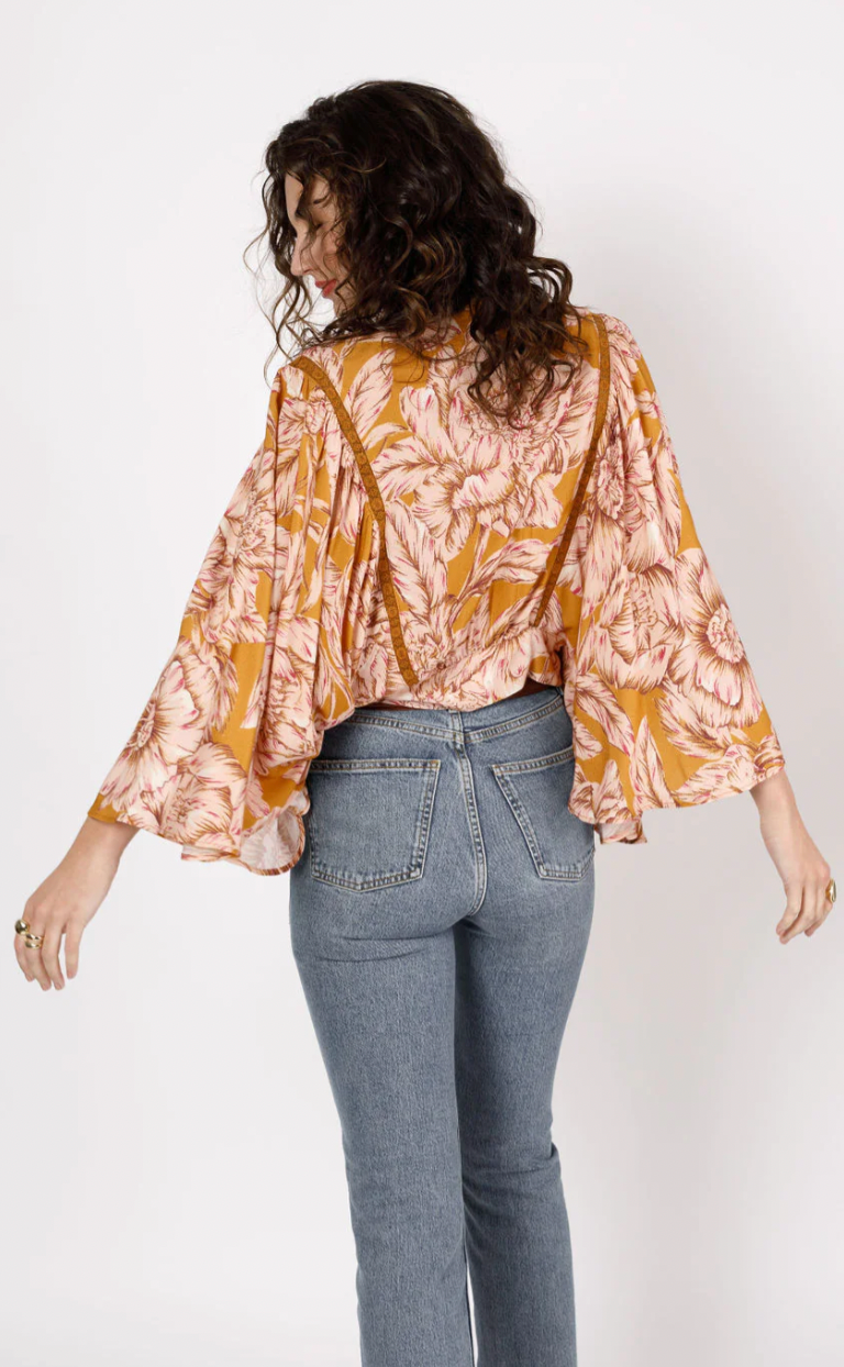 Libby Gold Floral Bell Sleeve Crop Top