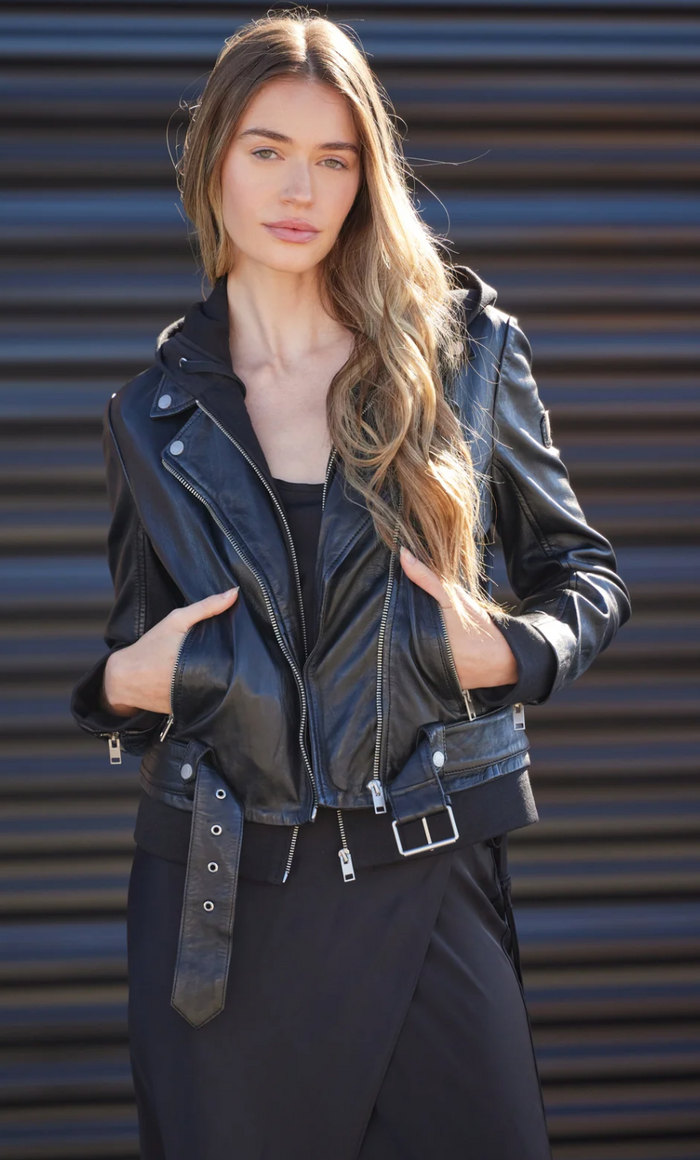 Freda Black Leather Moto Jacket with Removable Hoodie