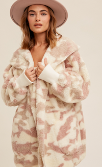 Camo Cozy Hooded Cardi- Pink