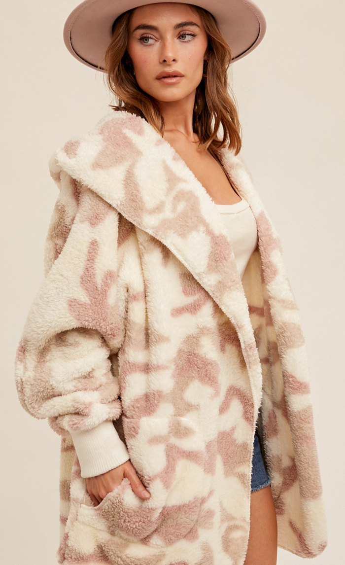 Camo Cozy Hooded Cardi- Pink