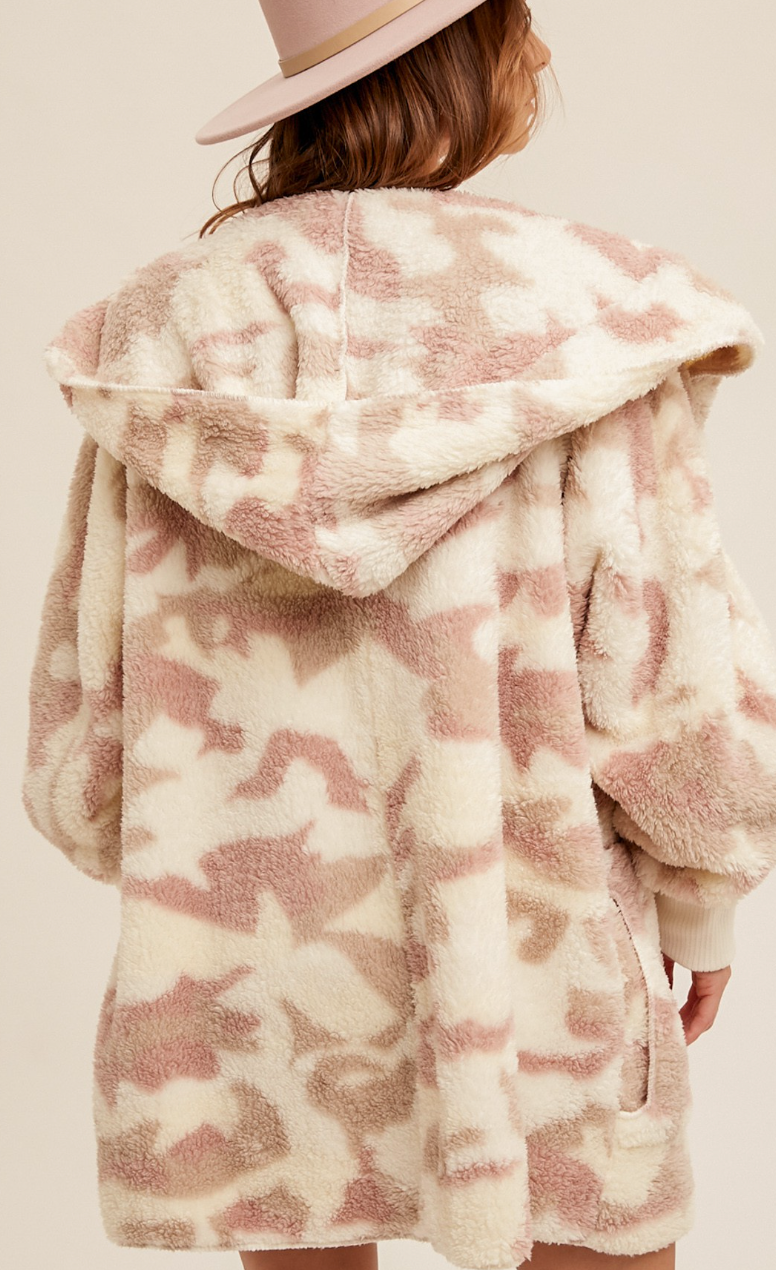 Camo Cozy Hooded Cardi- Pink