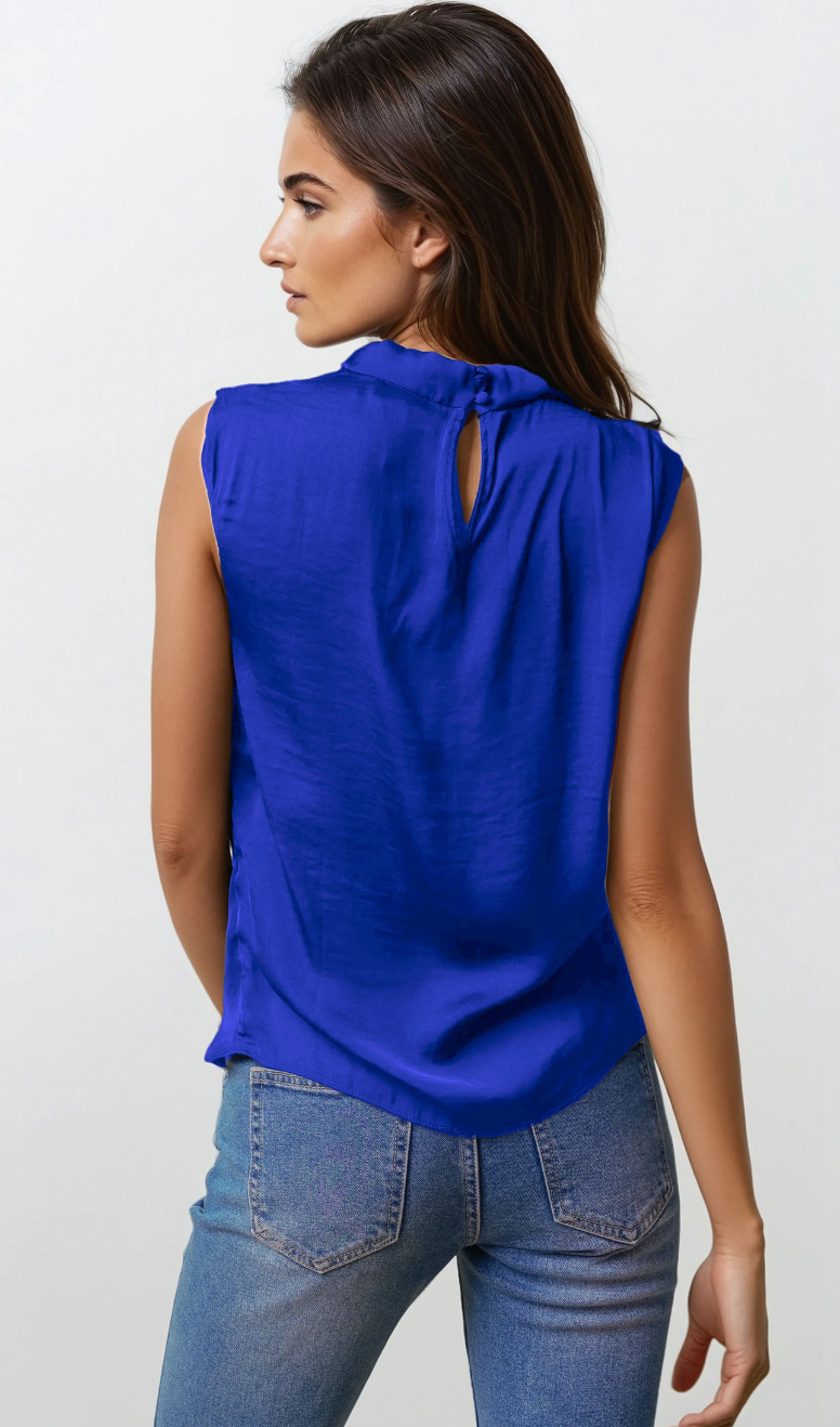 Becka Sleeveless Satin Top- Cobalt Blue
