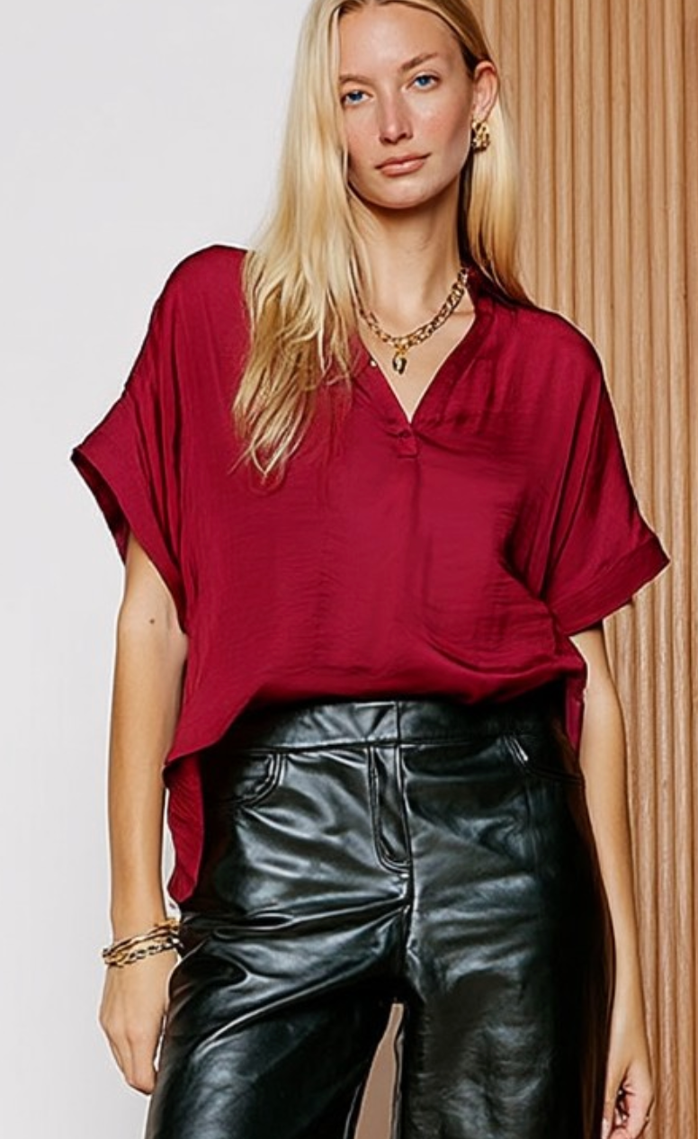 Joy Satin Collared Blouse - Red