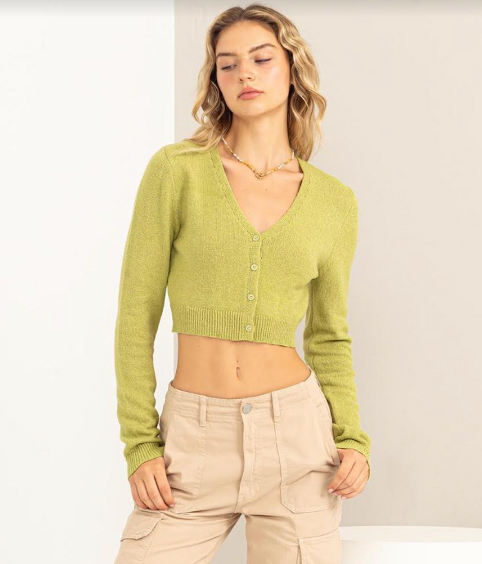 She's Got Style Button-Up Cropped Cardigan - Olive