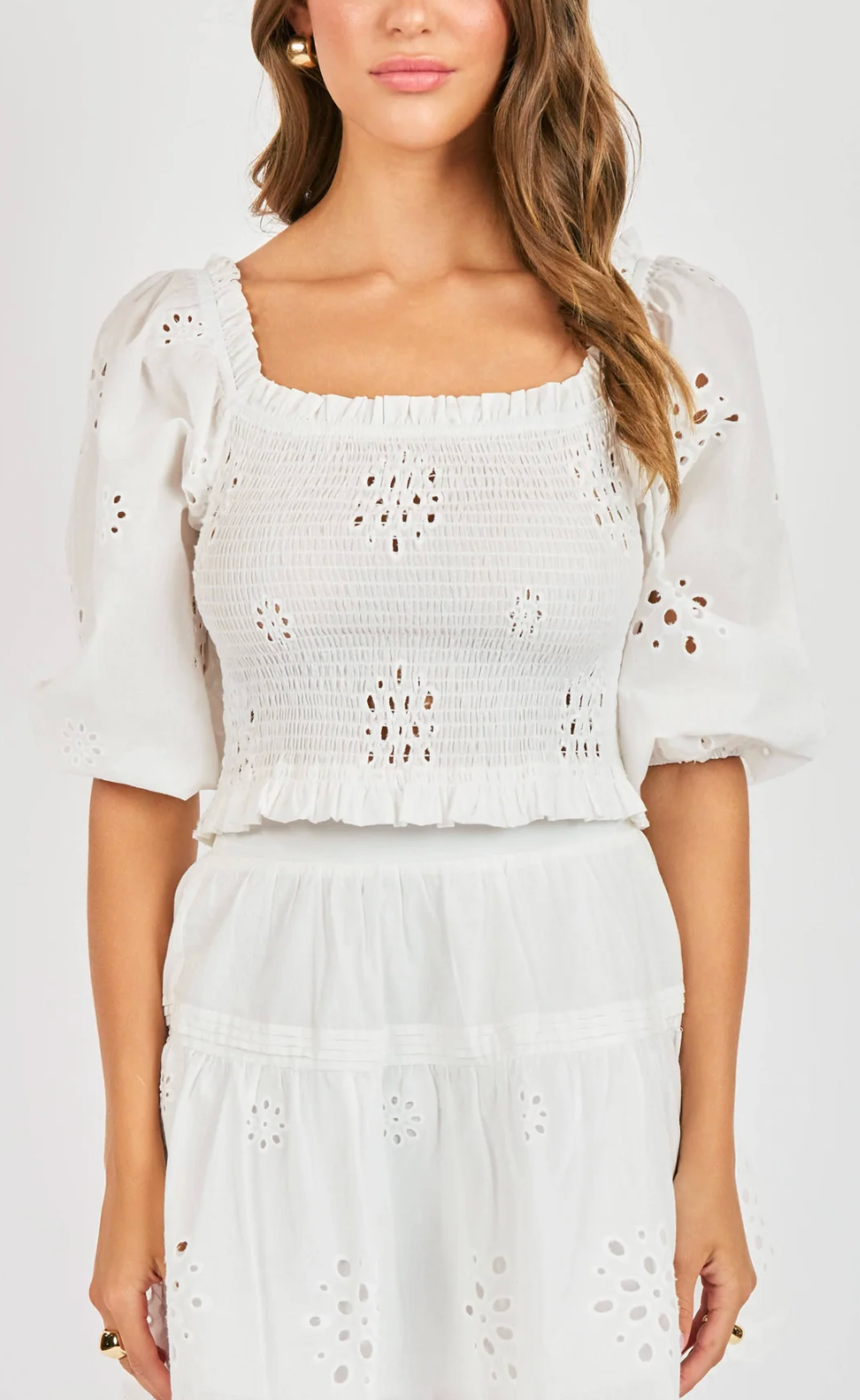 Bloomfield Eyelet Ballon Sleeve Top - White