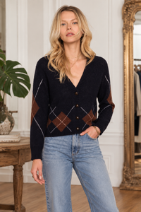Front view of the Wilson Cardigan in black featuring brown argyle diamonds, a deep V-neckline, button-front closure and ribbed trim.