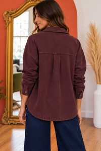 Back view of the Z Supply All Day Knit Jacket in Berry Noir, featuring dropped shoulders, a relaxed silhouette, center back pleat, and curved hem with vintage mineral-washed detailing.