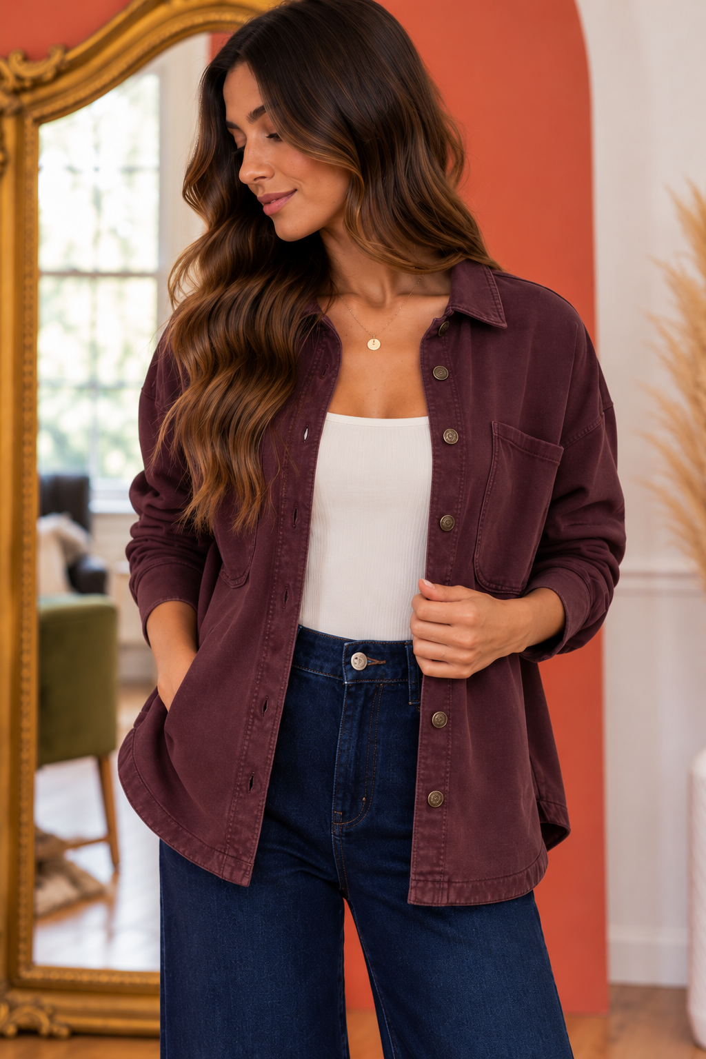 Front view of the Z Supply All Day Knit Jacket in Berry Noir, featuring a relaxed oversized fit, vintage mineral wash, button-front closure, and oversized patch pockets.