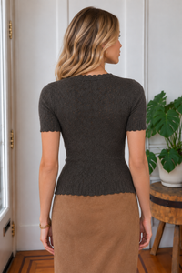 Back view of Audrina Galaxy charcoal pointelle knit top with short sleeves and scalloped trim