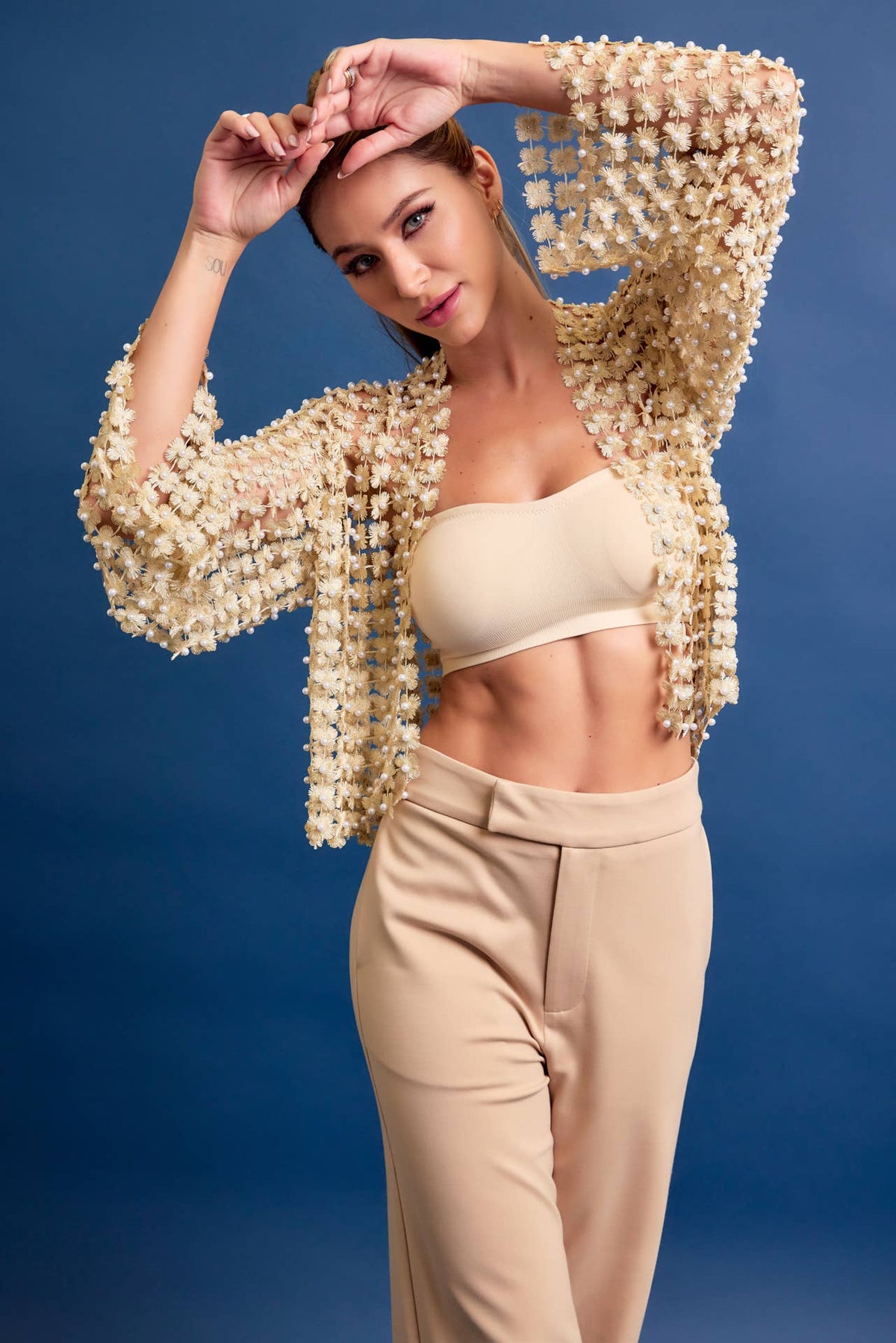 Set On You Pearl Crochet Flower Cardigan: Gold