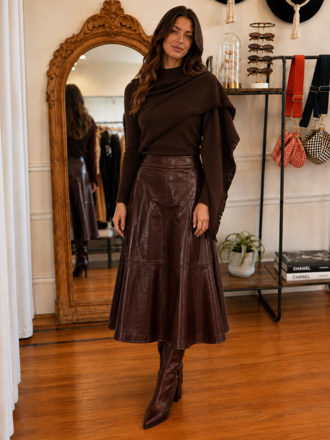 styled-full-body
Dark brown mock neck sweater styled with matching knit scarf and brown midi skirt