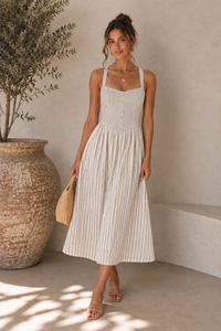 Klimt striped midi dress with fitted bodice and cross-back straps in natural