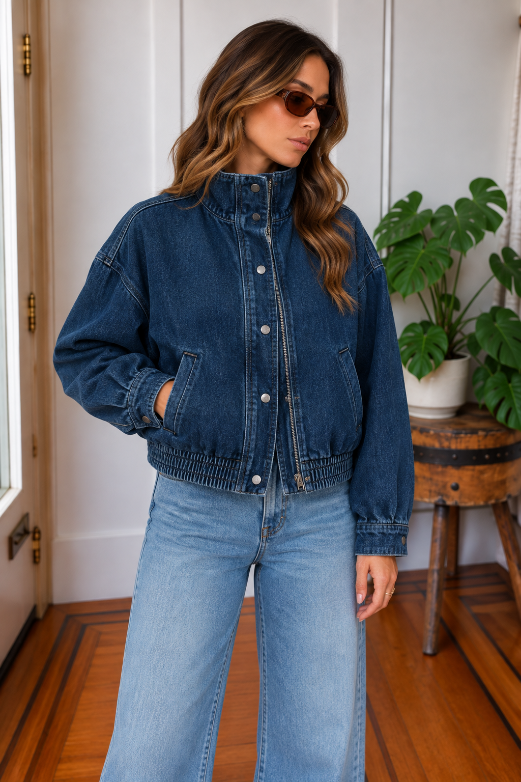 Front view of Phantom Rush denim jacket with funnel collar, snap front and elastic hem
