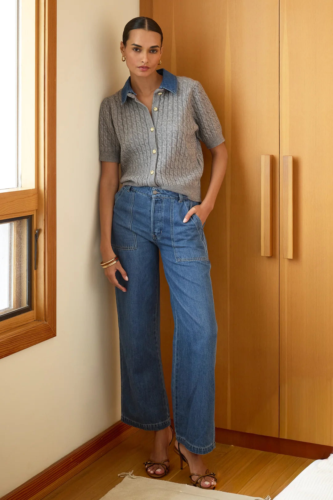 cableknit grey short sleeve cardigan with denim collar and gold buttons