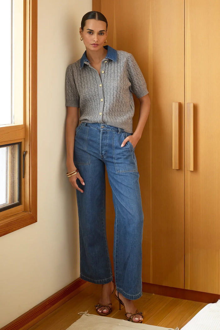 cableknit grey short sleeve cardigan with denim collar and gold buttons